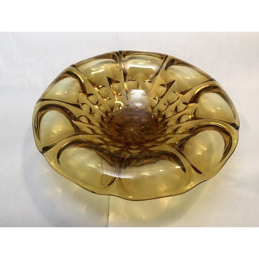 Vintage Amber Glass Bowl Serving Stand 12.5in Wide 2.75in Tall Depression